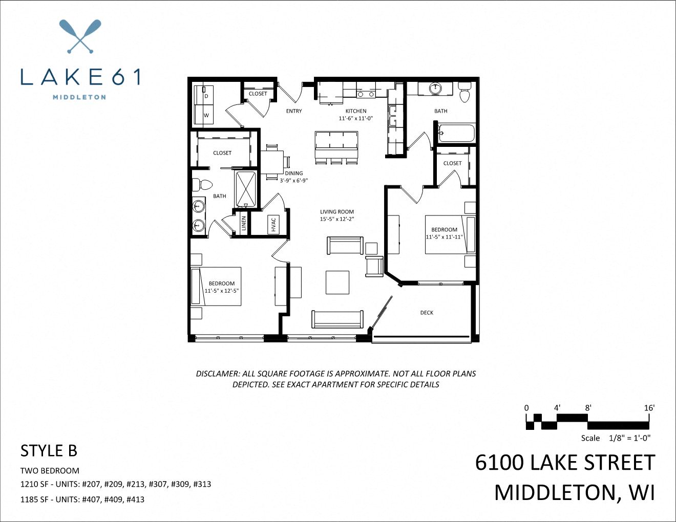 Floor plan for 2 beds, 2 baths, 1210 sqft